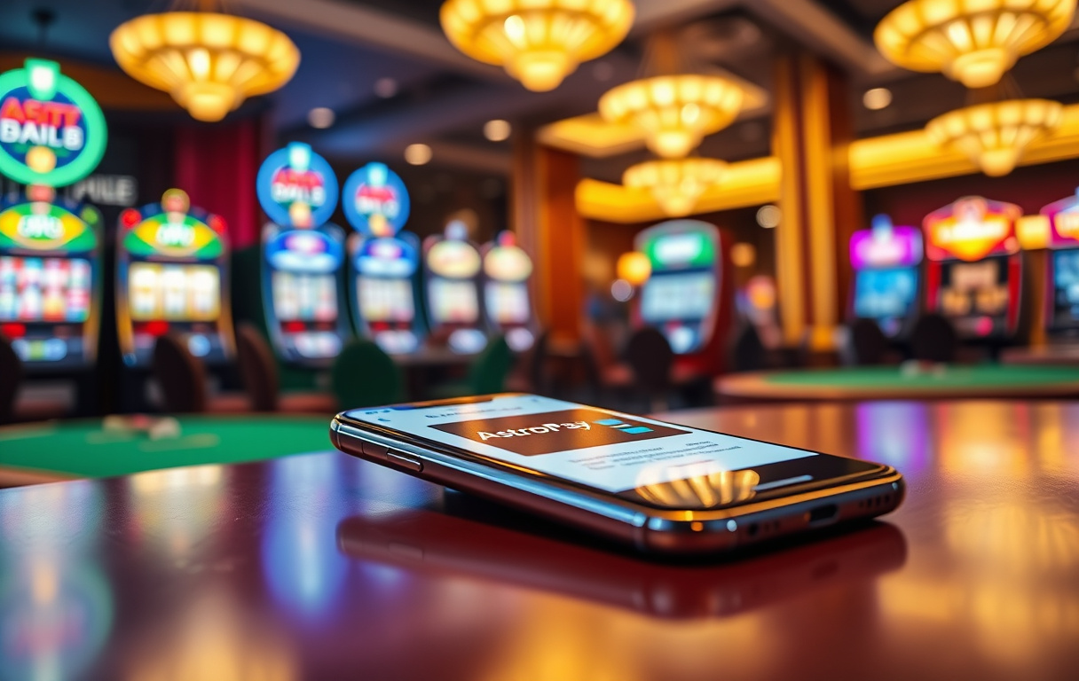 Smarttelefon med AstroPay-appen liggende på et casino-bord, med slåmaskiner i bakgrunnen.