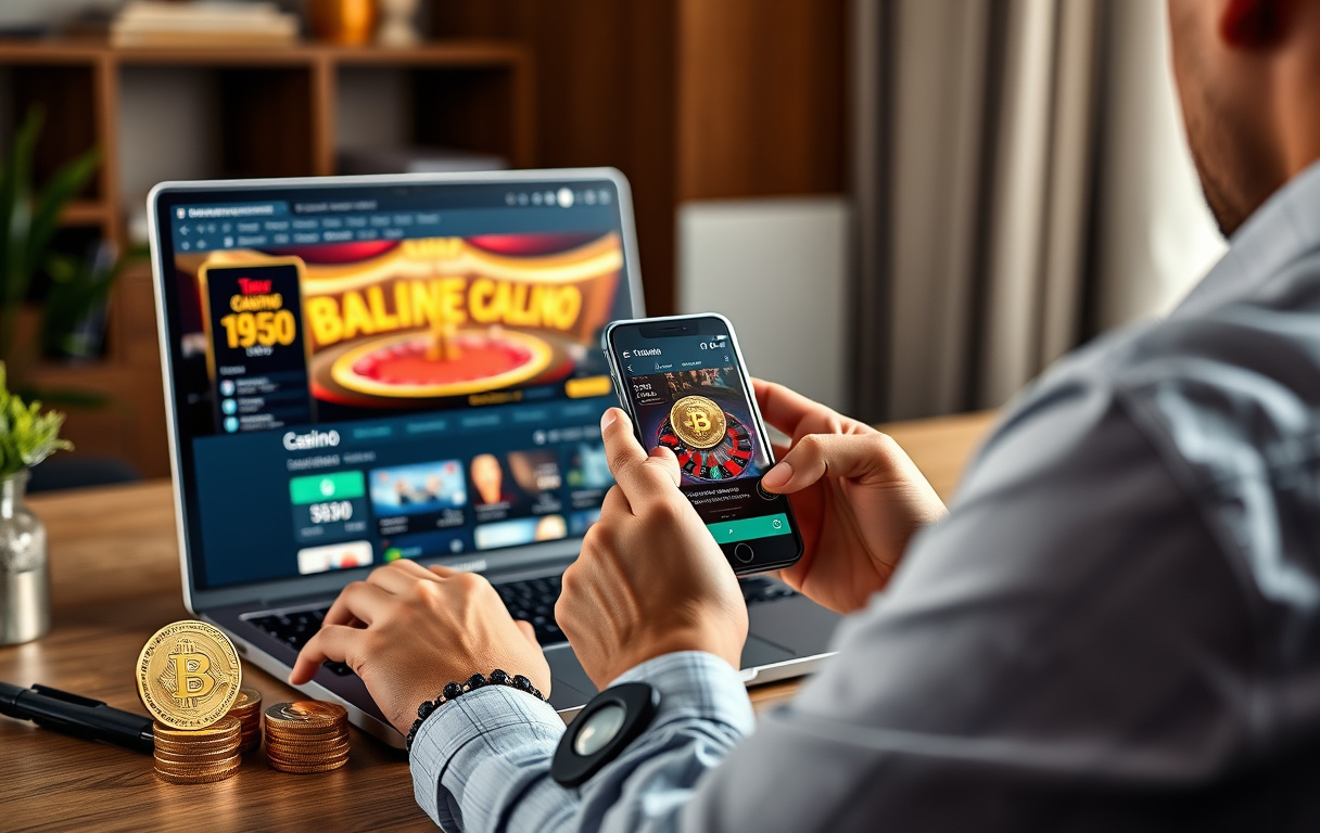 Mann som bruker Bitcoin-lommebok på mobil foran en datamaskin med et nettcasino på skjermen, med fysiske sjetonger på bordet.