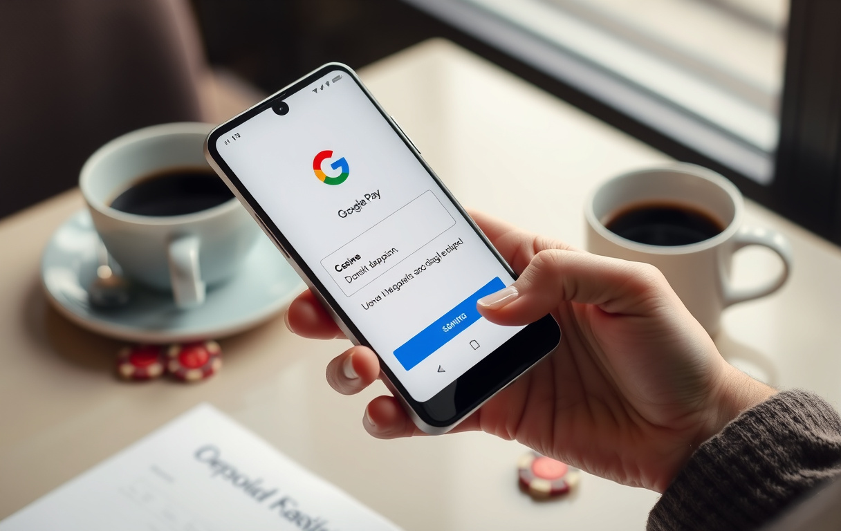 Person som setter inn penger på casino med Google Pay på Android-telefon