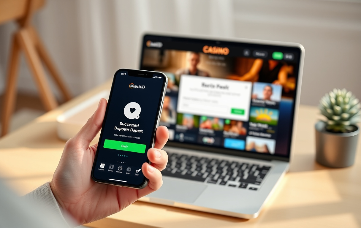 Person med mobil som viser BankID-betaling på et nettcasino, laptop i bakgrunnen.