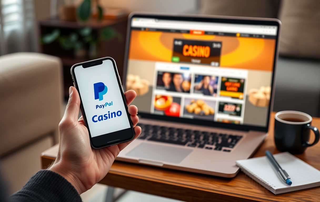 Person med PayPal-app på mobilen ved siden av en laptop med et nettcasino