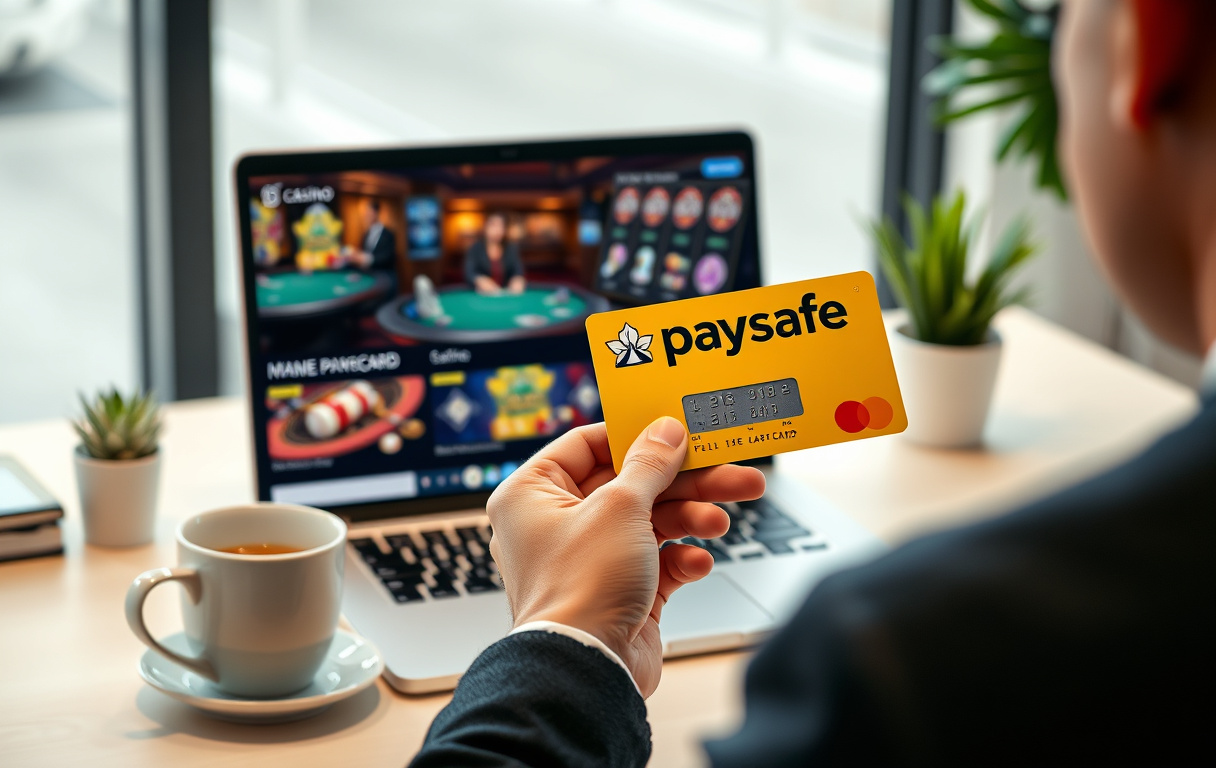 En person holder en gul Paysafecard-kupong foran en laptop med et casino-spill på skjermen.