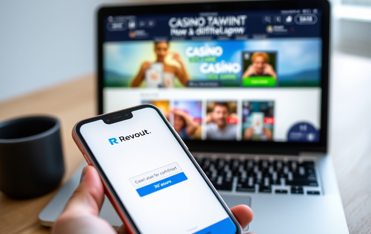 Mobil med Revolut-app og casino på laptop i bakgrunnen.