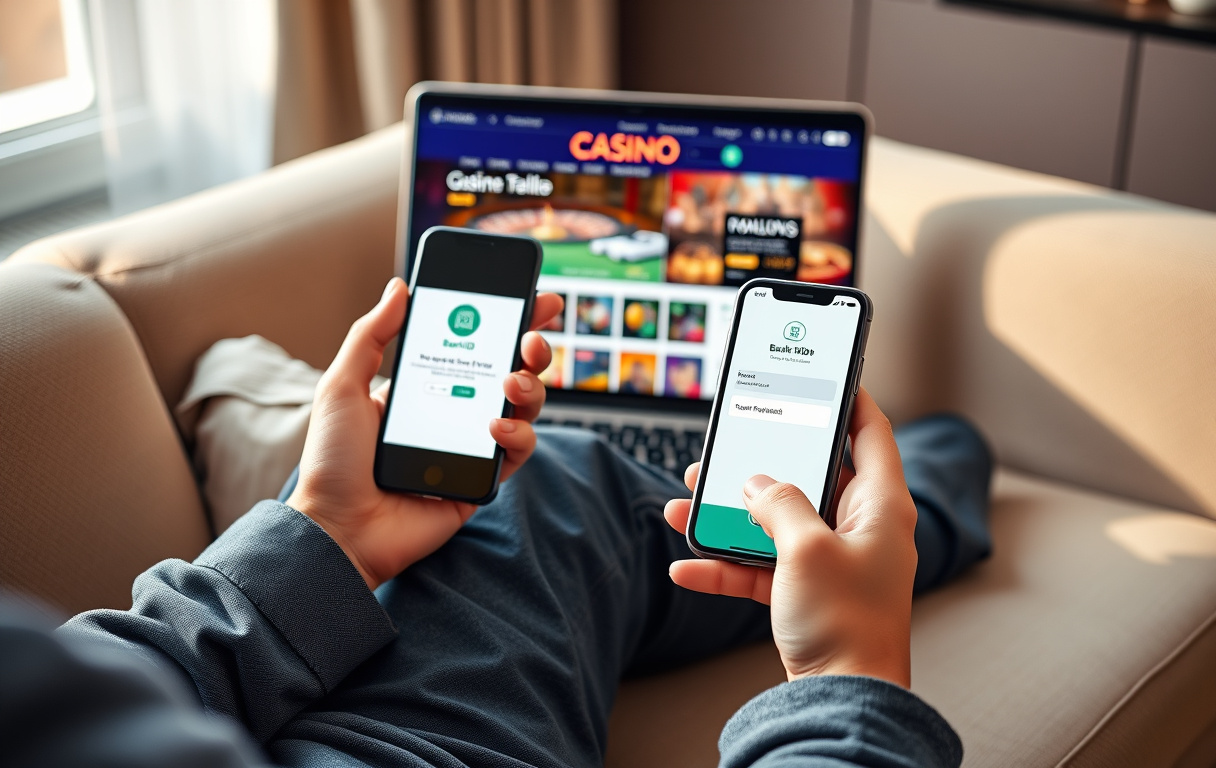 Person som bekrefter innskudd med BankID på mobilen ved siden av en bærbar PC med et nettcasino åpent.