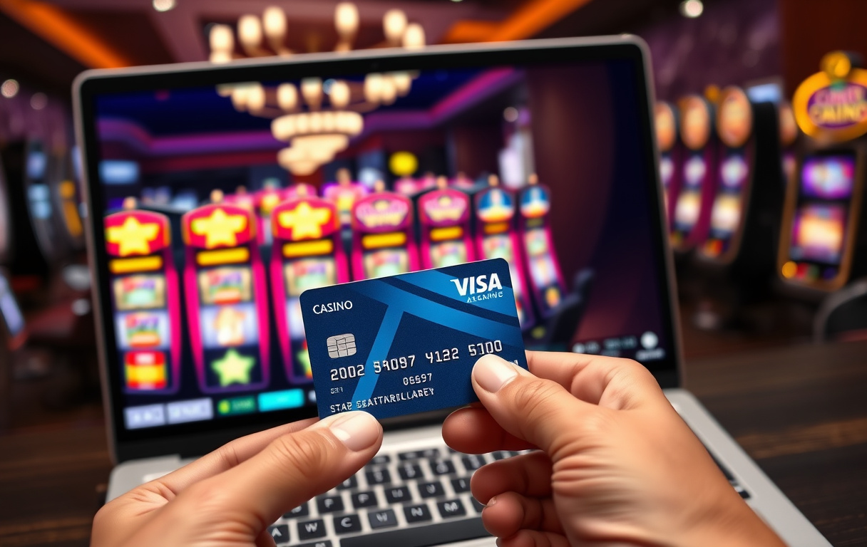 Person holder et Visa debetkort foran en laptop med et nettcasino på skjermen.