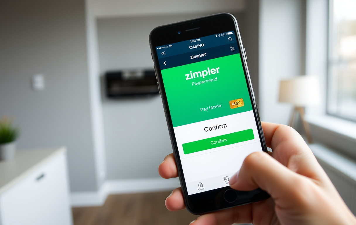 Person som holder mobil med Zimpler valgt i casinoets kasse, klar til å bekrefte betaling.