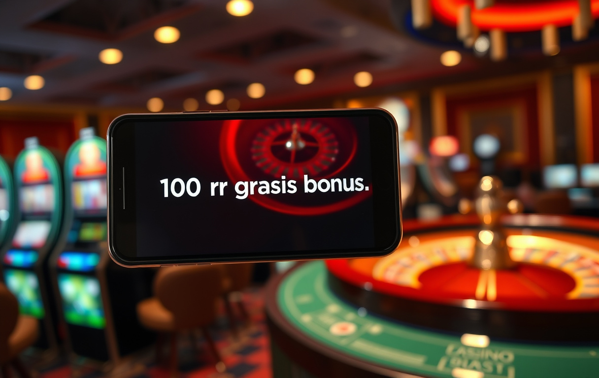 Smarttelefon med varsel om 100 kr gratis bonus fra et nettcasino, med casino-miljø i bakgrunnen.