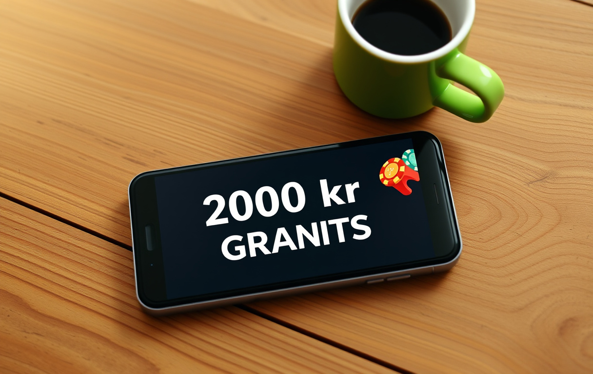 Smarttelefon som viser en 200 kr gratis bonus-skjerm på et norsk casino, med kaffekopp og sjetong.