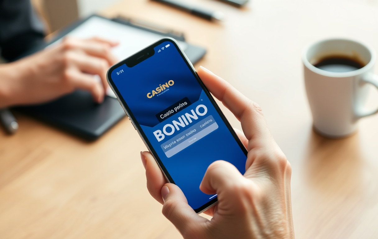 En person som holder en mobiltelefon med en casinobonus-melding på skjermen, ved et skrivebord med en kaffekopp.