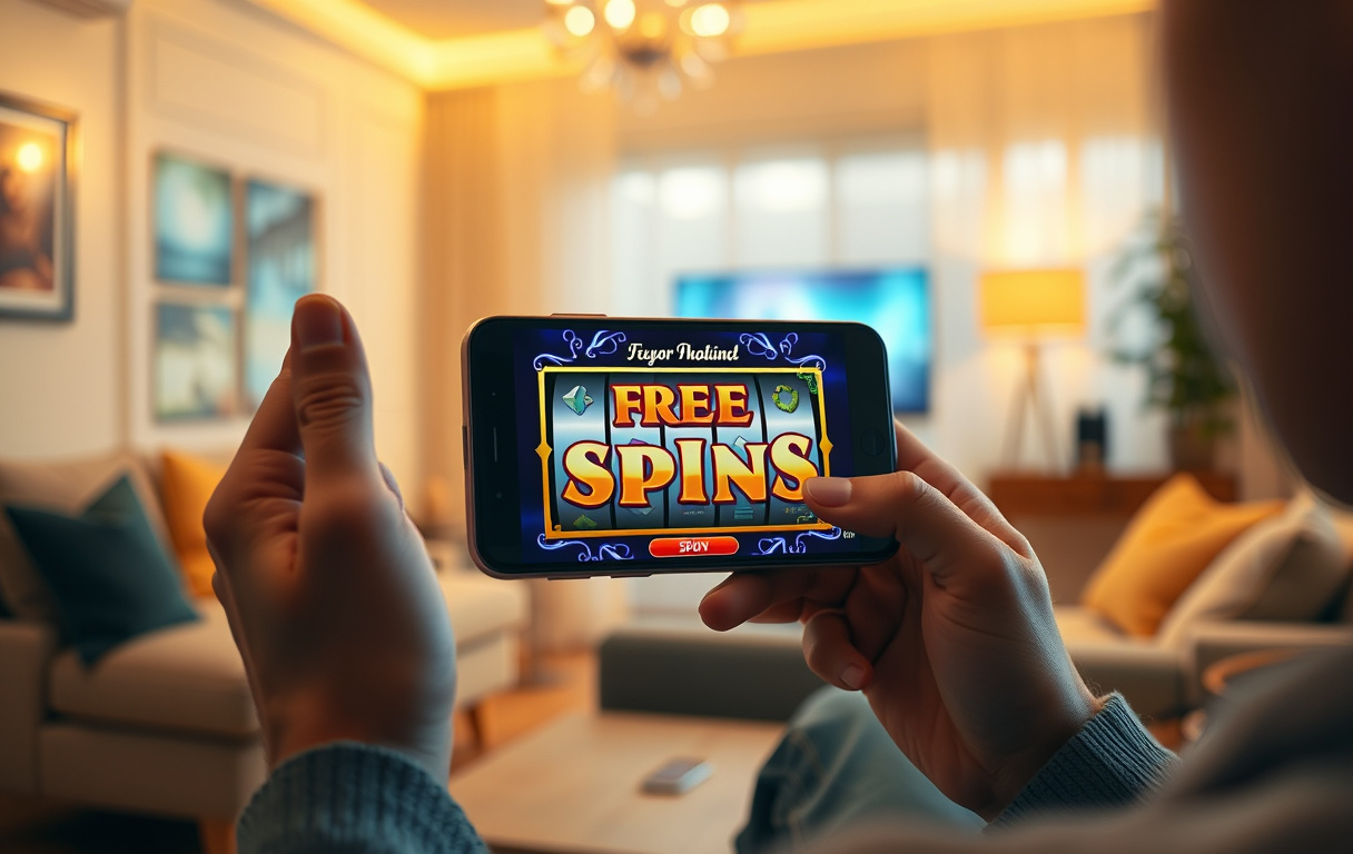 Person som holder en smarttelefon med et spilleautomat-spill og en 'Free Spins'-melding på skjermen, i en stue.
