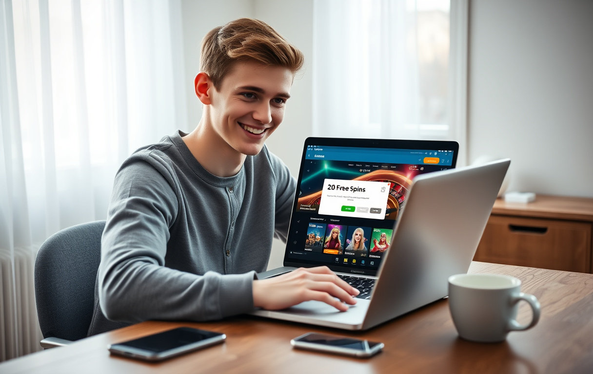 Person som mottar gratisspinn uten innskudd på laptop, med mobil og kaffekopp på bordet.