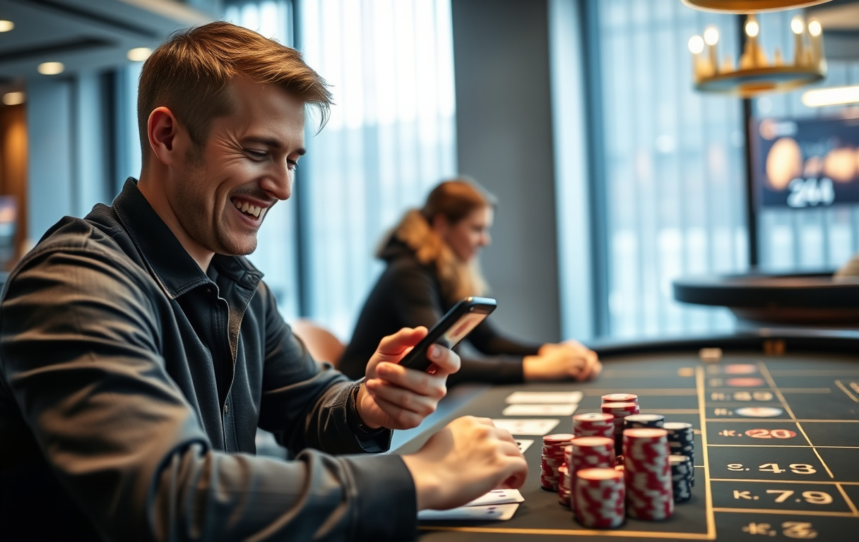 Norsk spiller som setter inn penger med Vipps på et moderne casino
