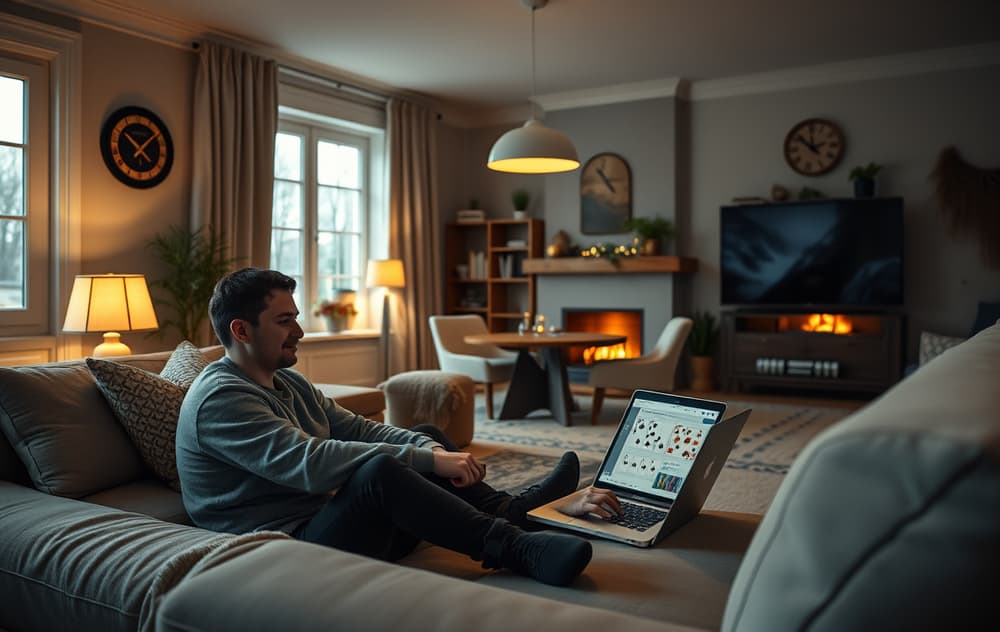 Person som spiller blackjack på laptop i stue med norsk stemning