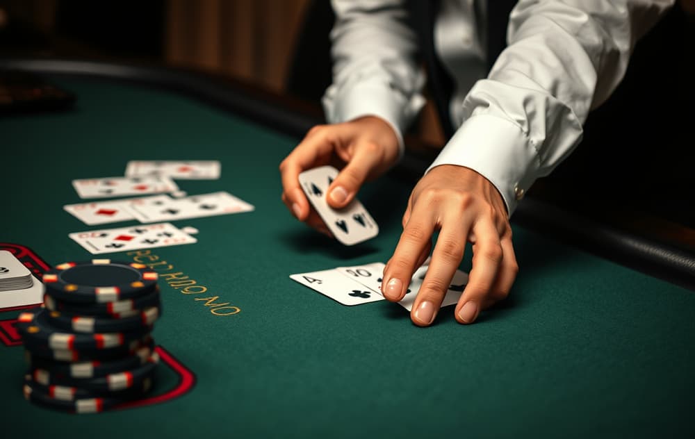 Nærbilde av hender som deler blackjack-kort på et bord