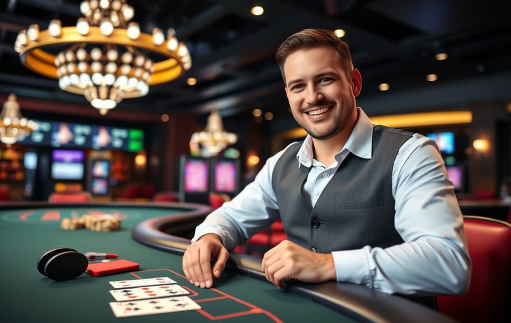 Live blackjack-dealer i studio med smil