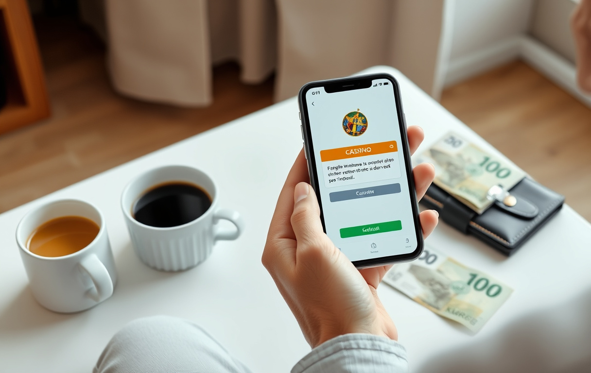 Person med smarttelefon som viser casino uttaksbekreftelse, ved siden av kaffekopp og norske sedler