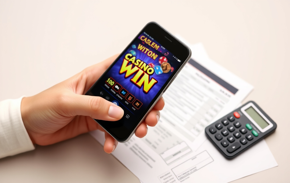 Person med smarttelefon som viser casino-gevinst, med skatteskjema og kalkulator på bordet