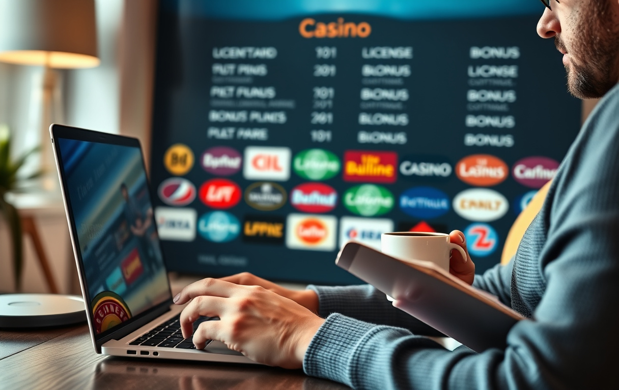 En person som sammenligner casinoer på en bærbar PC, med kaffekopp og notatblokk, seriøs konsentrasjon.