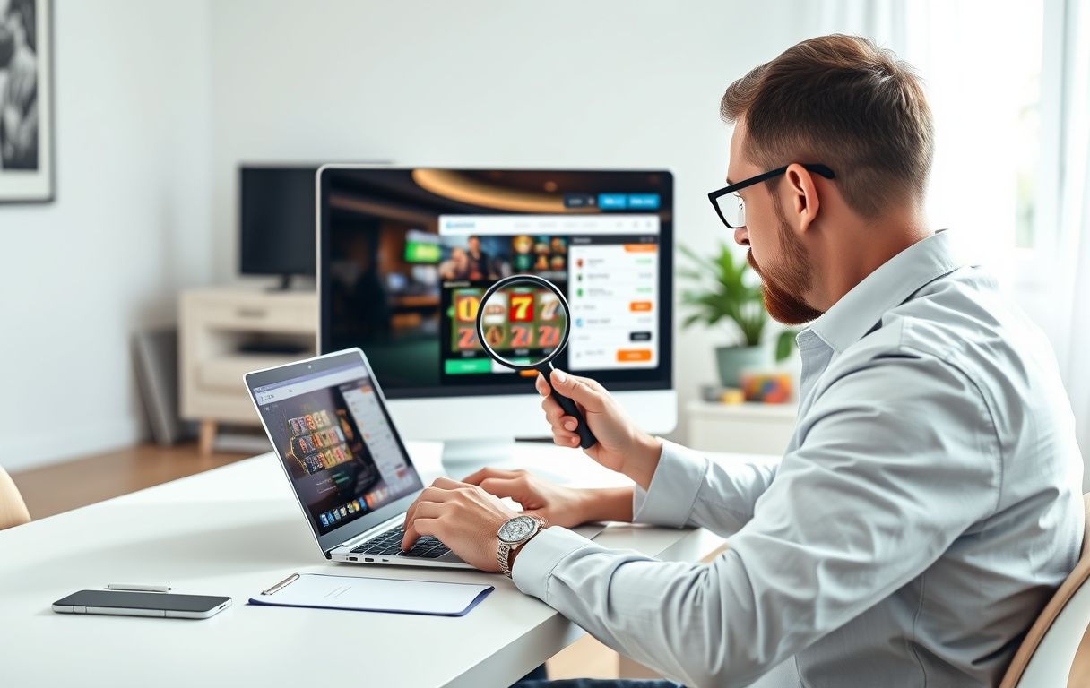 Person som analyserer et nettcasino på laptop med forstørrelsesglass og sjekkliste