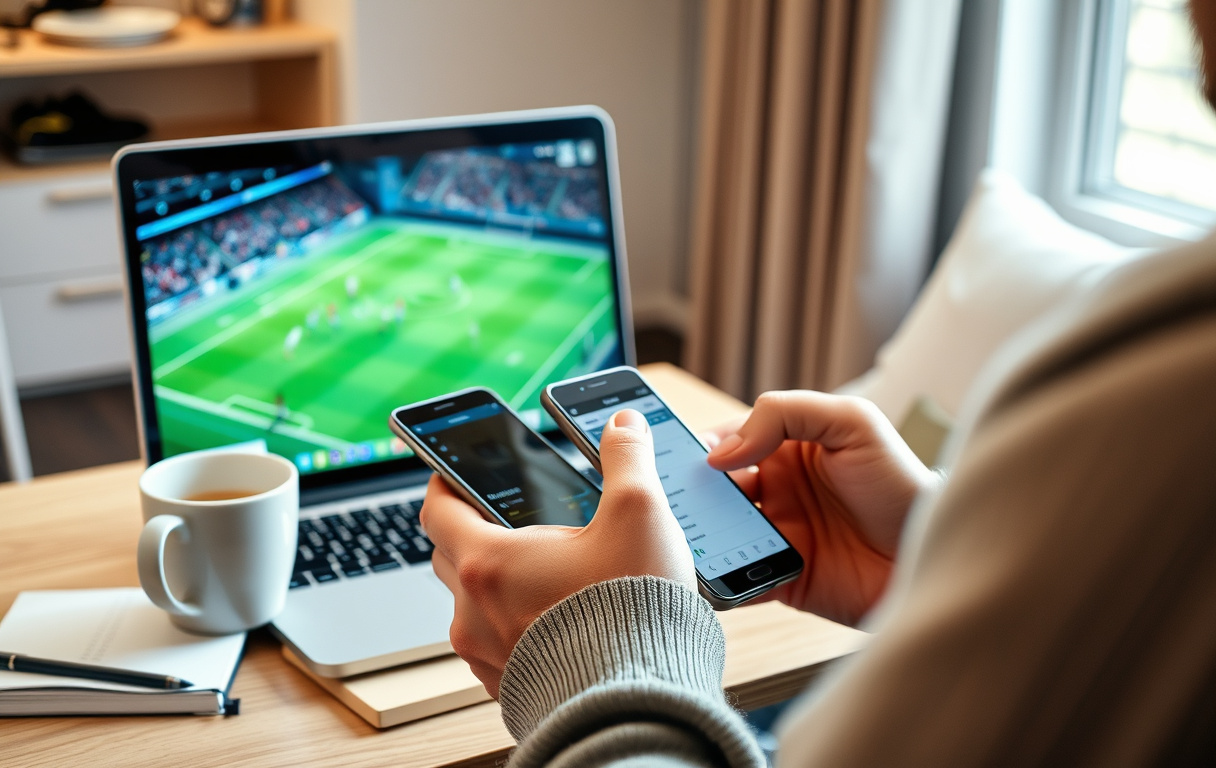 Norsk spiller sammenligner odds på mobil og pc under en fotballkamp