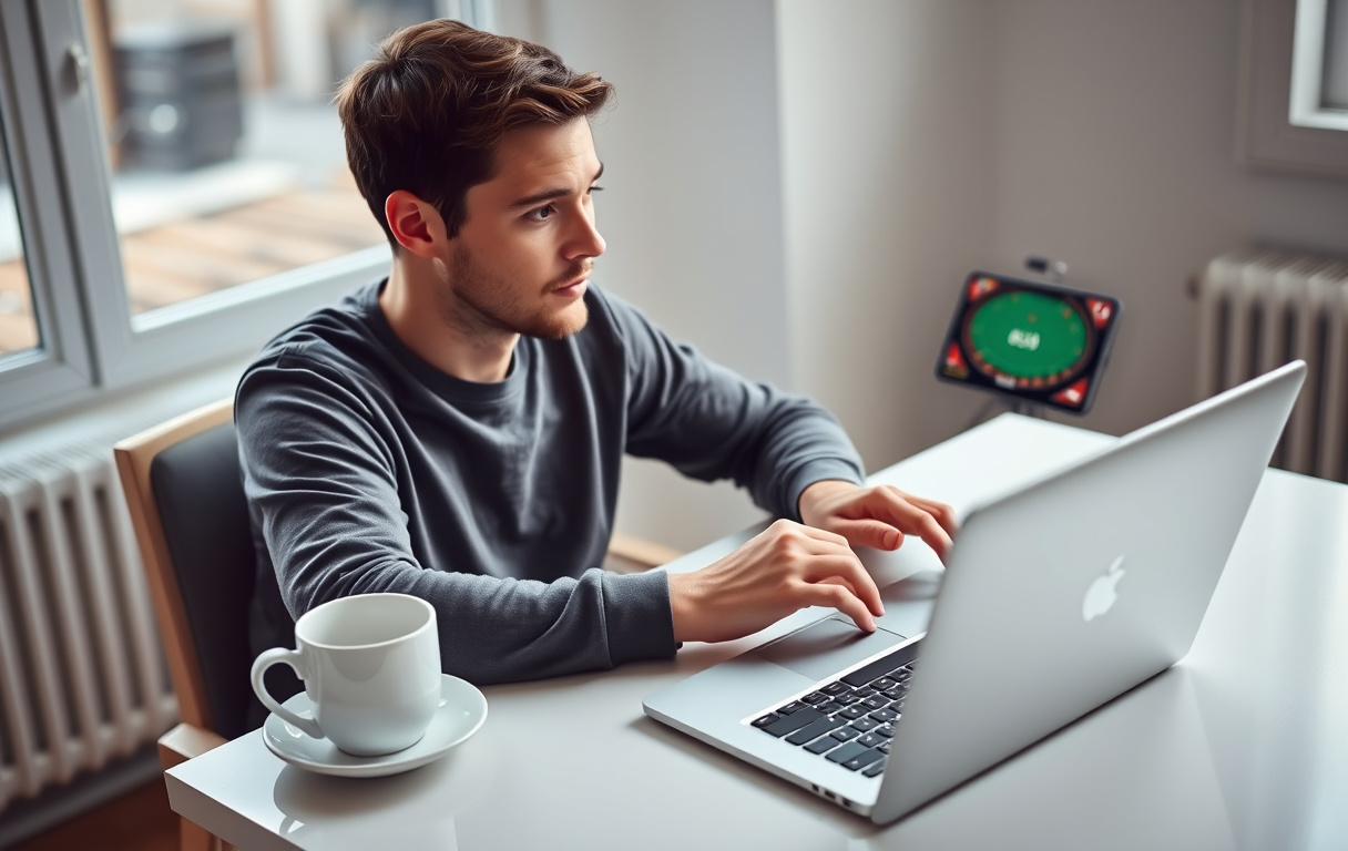 Person som spiller blackjack på laptop med kaffekopp og mobiltelefon på skrivebordet.