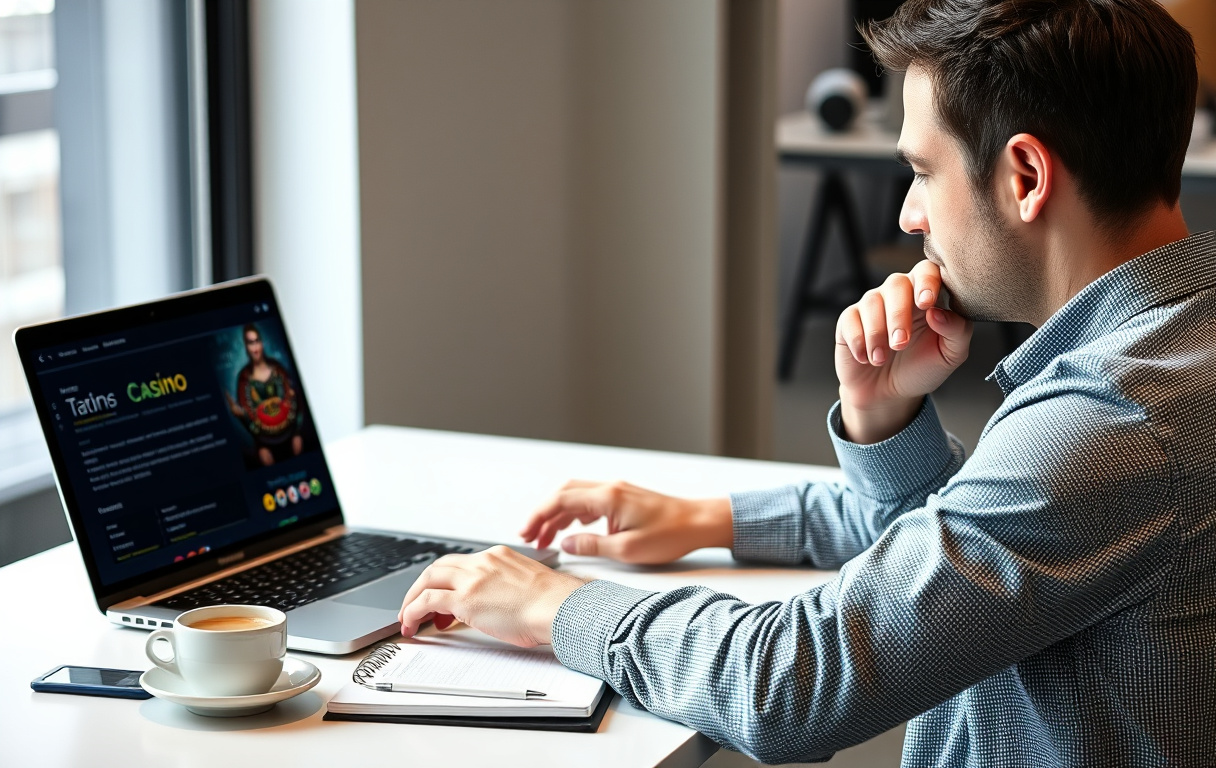 Person som sammenligner casinoer uten norsk lisens på laptop