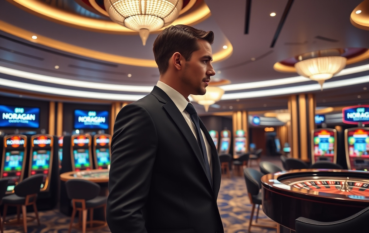 Highroller Casino lobby med roulettebord, gylne detaljer og en mann i dress ved spilleautomat.