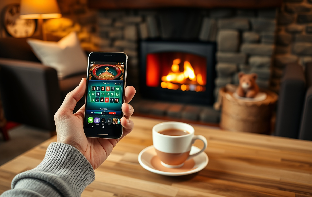 Person som spiller på mobilcasino i en koselig norsk stue
