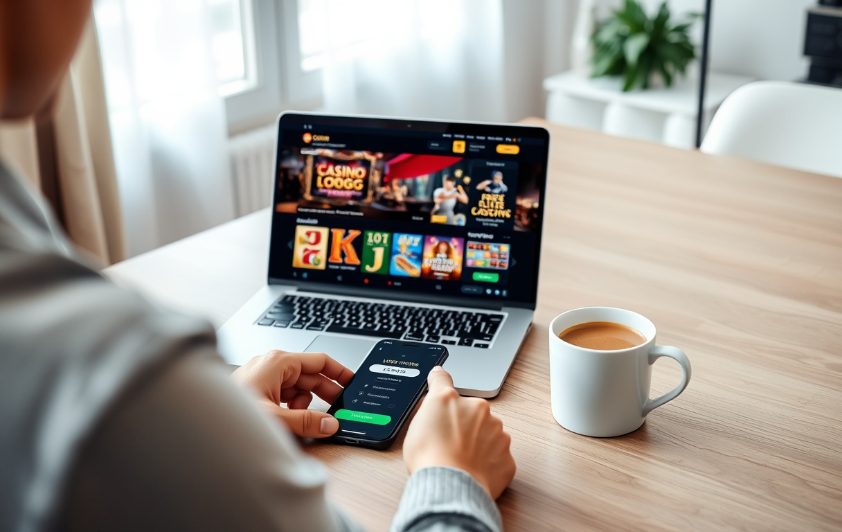 Person som sammenligner nettcasino på laptop med mobil og kaffekopp ved siden av