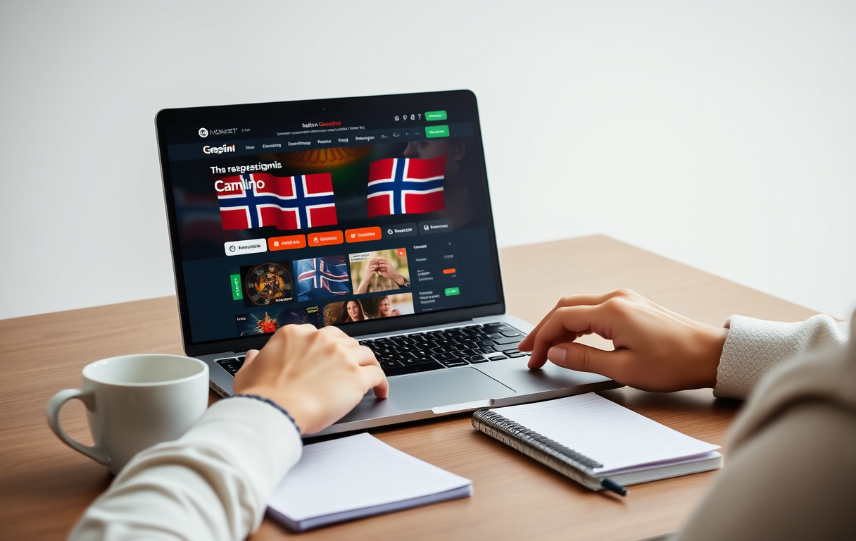 Person som sammenligner norske casino på laptop med notater og kaffekopp