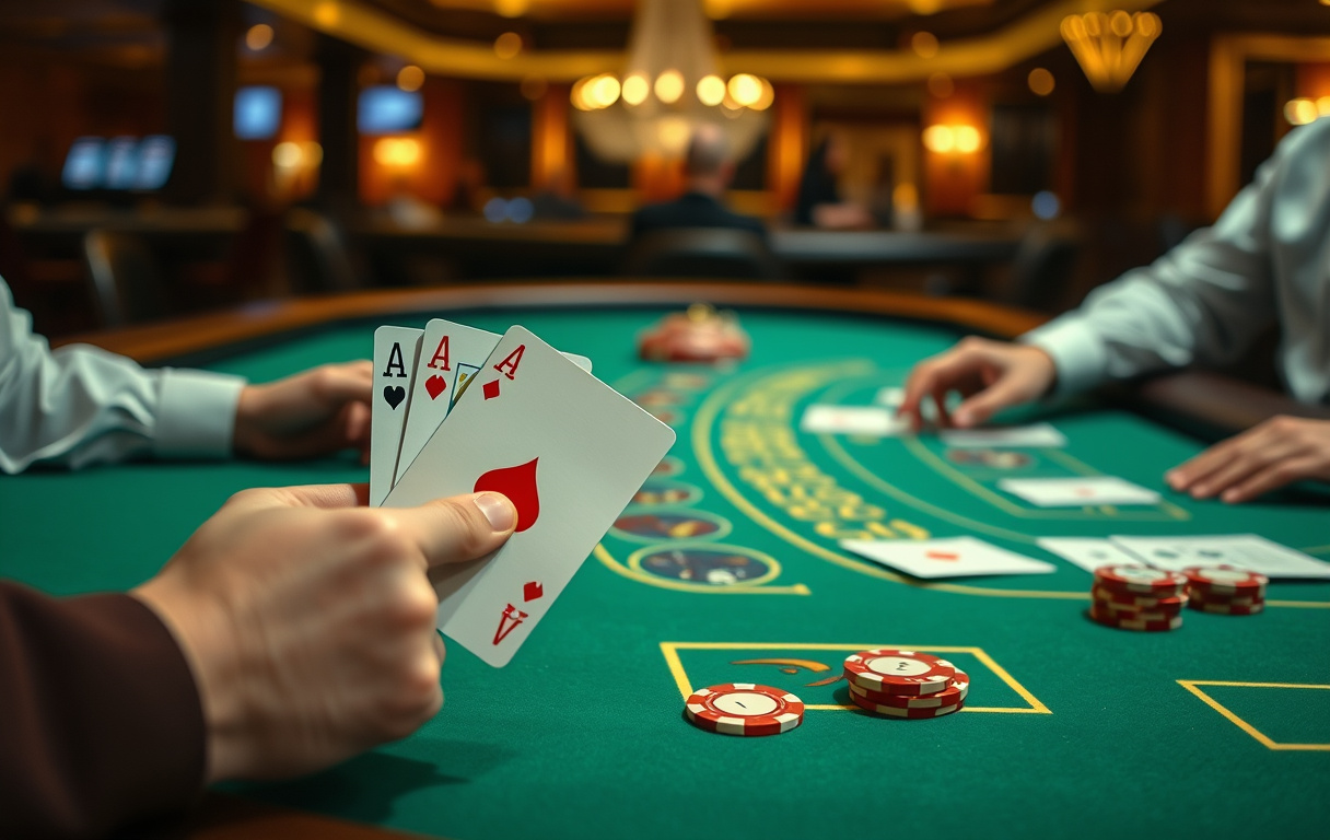 Blackjack-bord med kort og sjetonger, spillerhånd med ess og konge som gir blackjack.