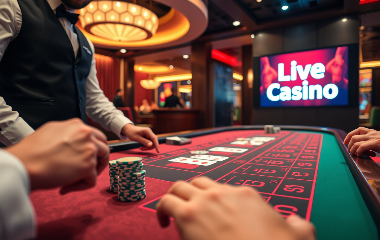 Live dealer blackjack-bord med croupier og spillkort, kasinointeriør