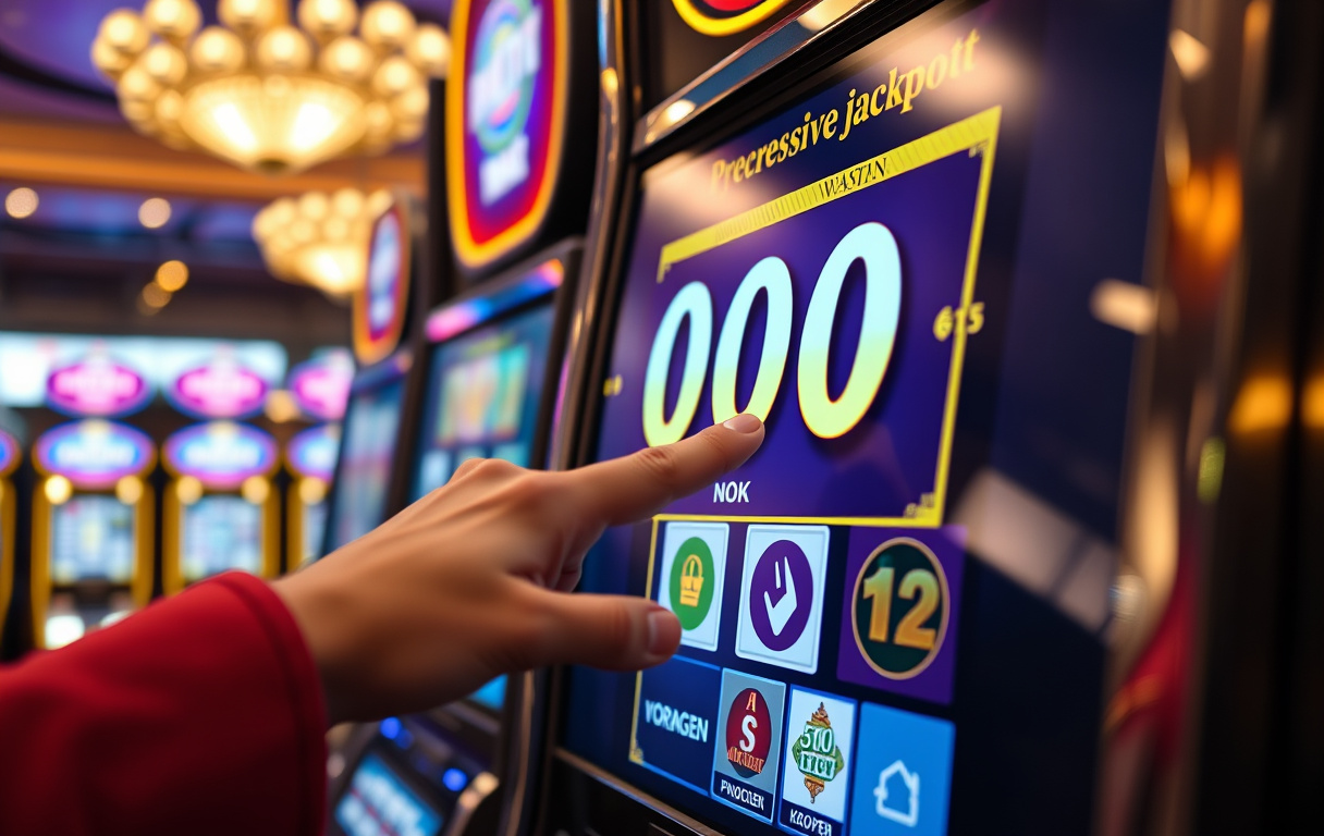 Spilleautomat med progressiv jackpot i norske kroner, hånd over spinnknapp, casinoatmosfære.